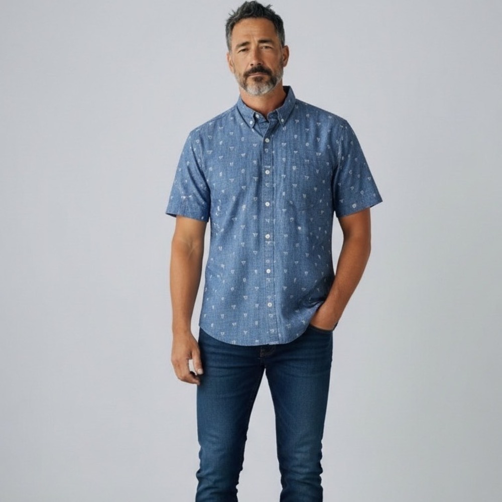 Bonobos Mens Blue Chambray Short Sleeve Button Down Shirt All Over Print M